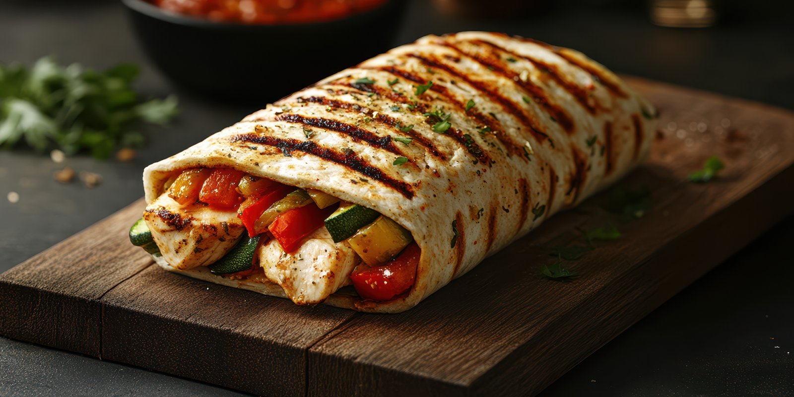 Grilled wrap filled with seasoned chicken, grilled vegetables and fresh herbs on wooden board